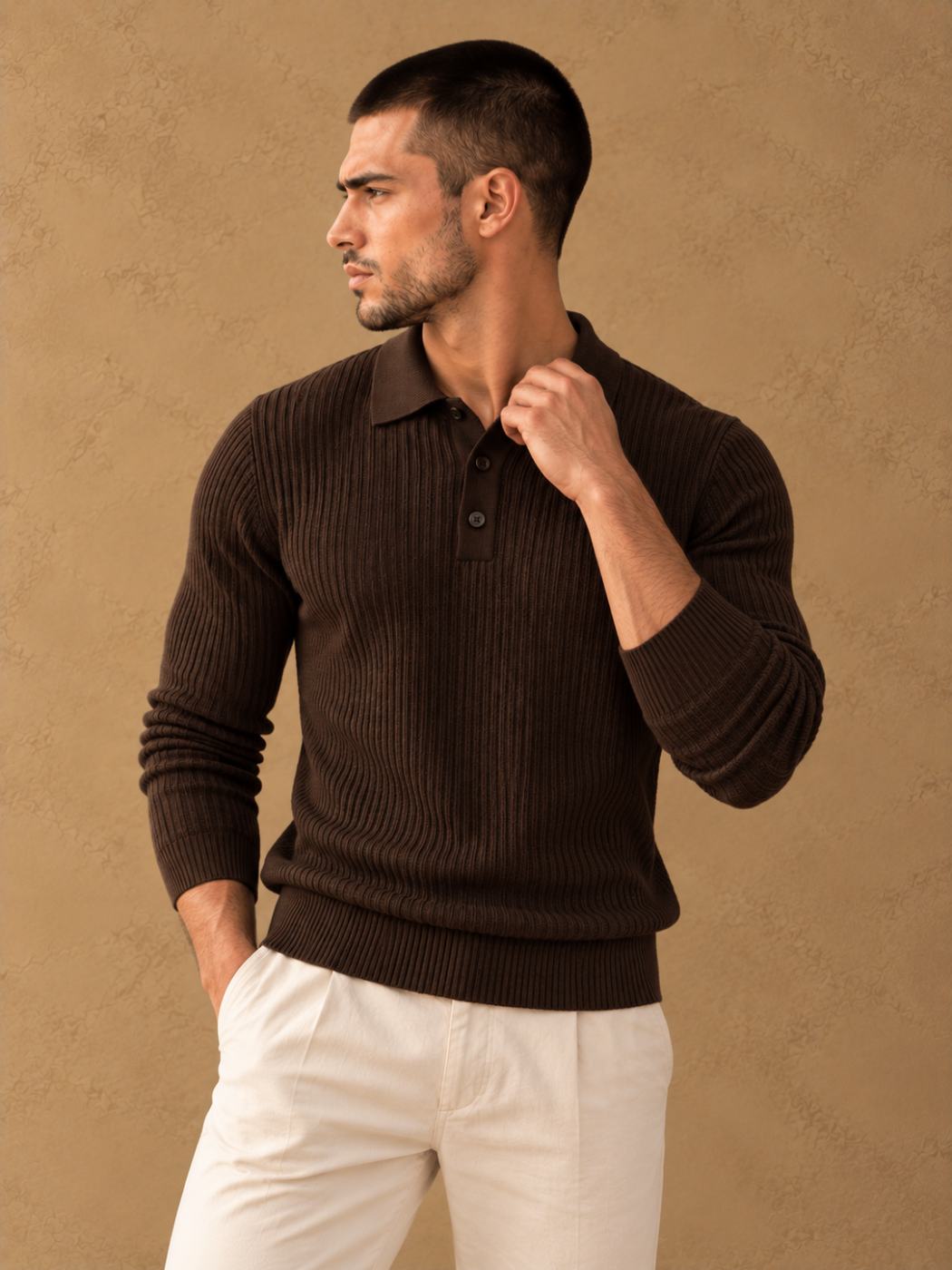 Bemount Bemount Dark Chocolate Signature Ribbed Knit Polo, view 4