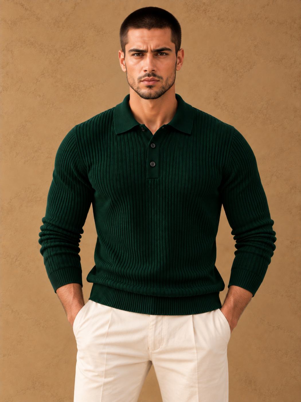 Bemount Bemount Dark Green Signature Ribbed Knit Polo, front view