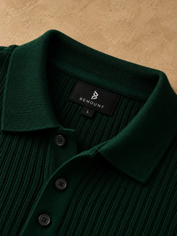 Bemount Bemount Dark Green Signature Ribbed Knit Polo, view 6