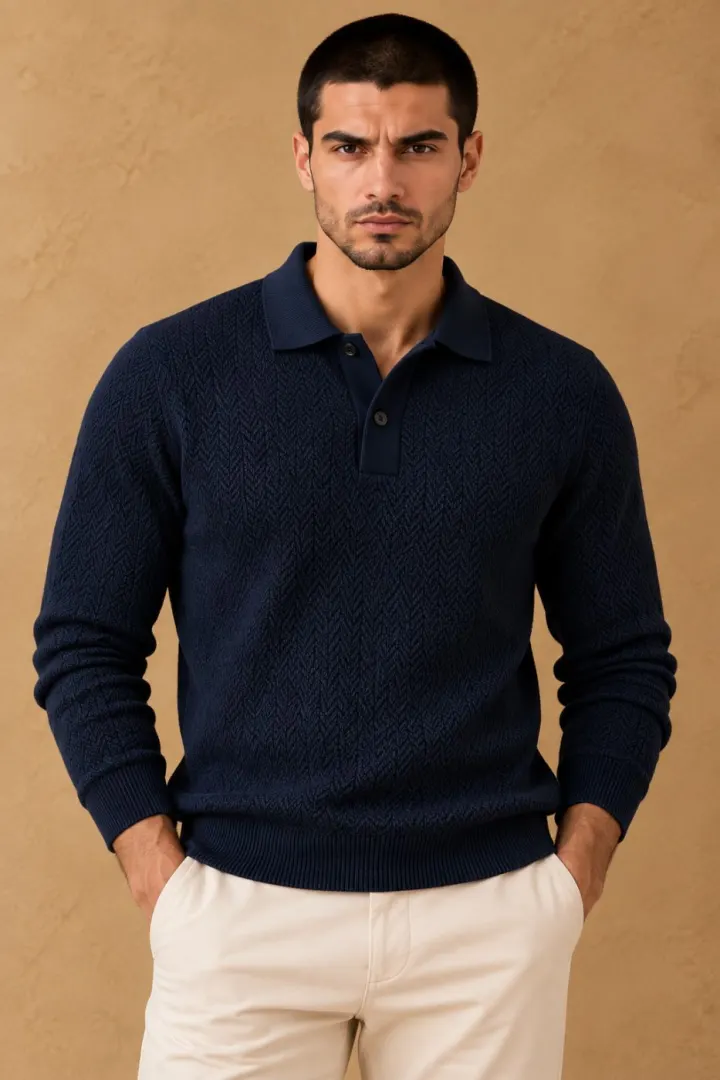 Bemount Bemount Deep Navy Textured Polo, front view