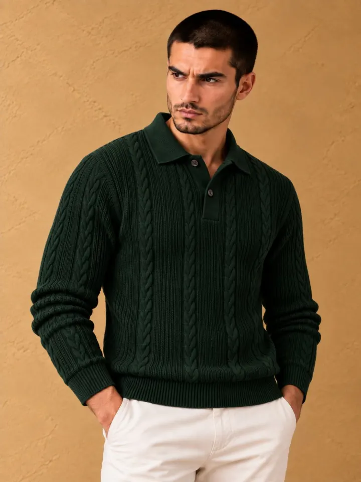 Bemount Bemount Forest Green Cable-Knit Polo, view 4