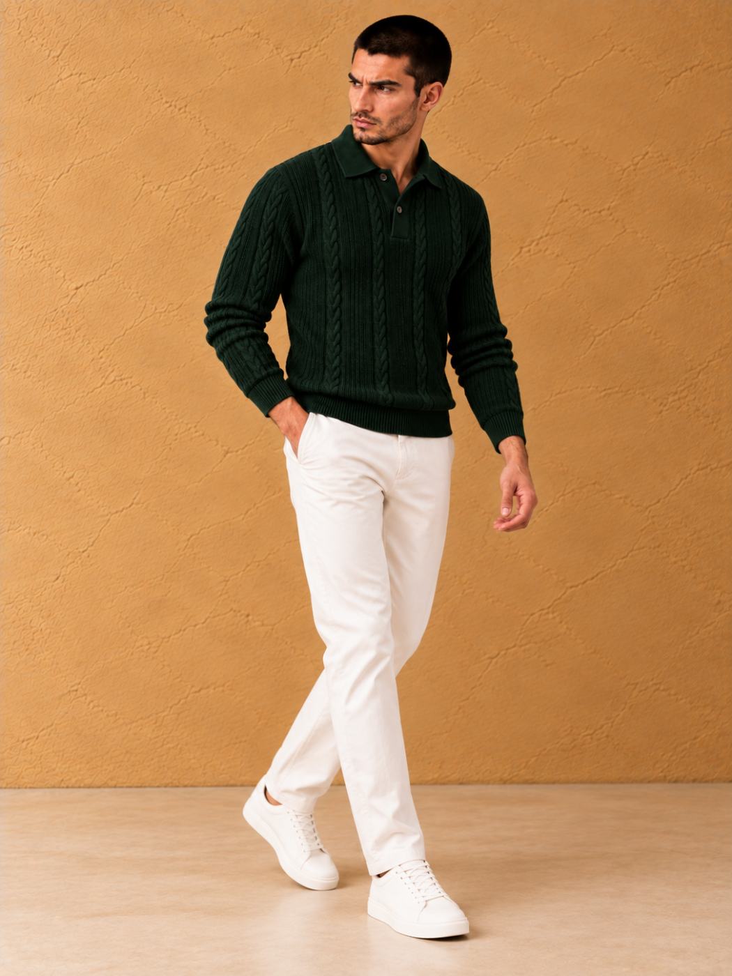 Bemount Bemount Forest Green Cable-Knit Polo, view 6