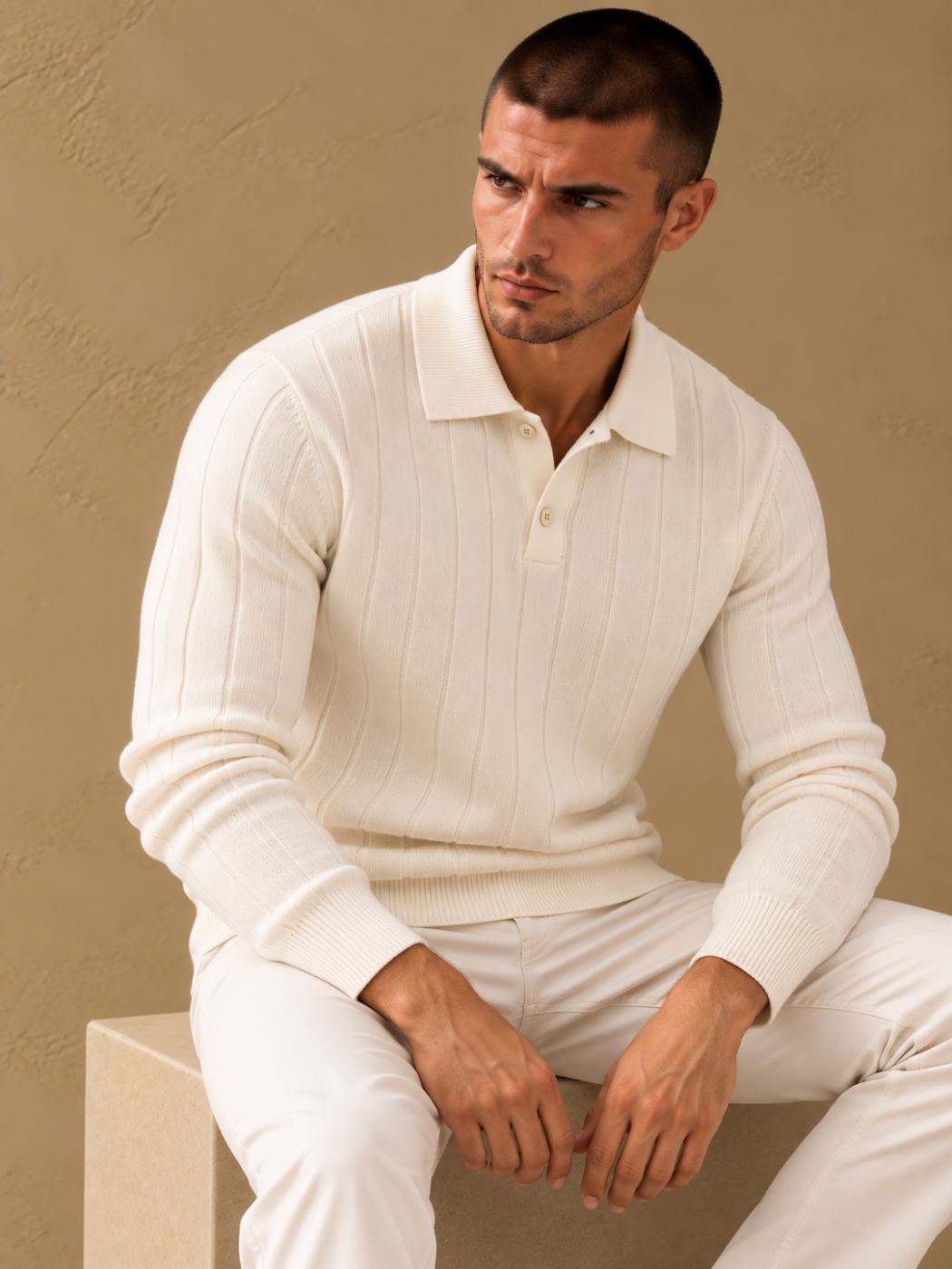 Bemount Bemount Ivory Refined Vertical Channel Knit Polo, view 2
