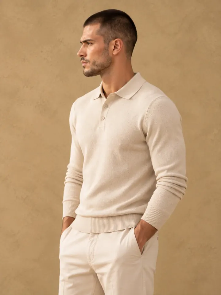 Bemount Bemount Oatmeal Essential Fine-Gauge Knit Polo, view 4