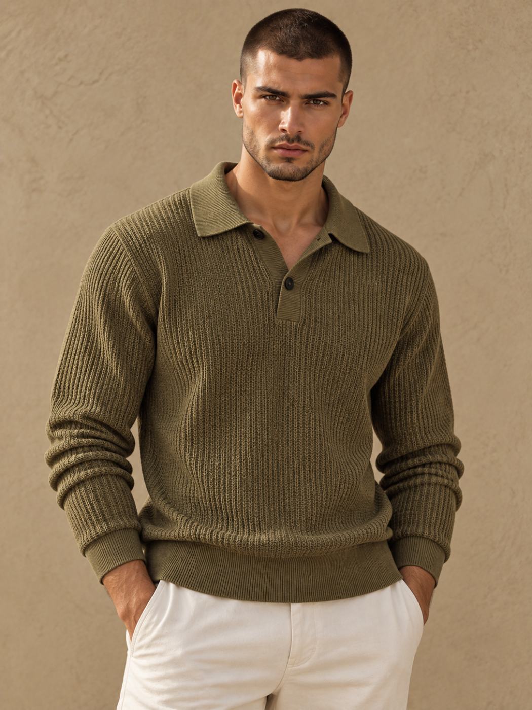 Bemount Bemount Olive Fine Texture Knit Polo, front view