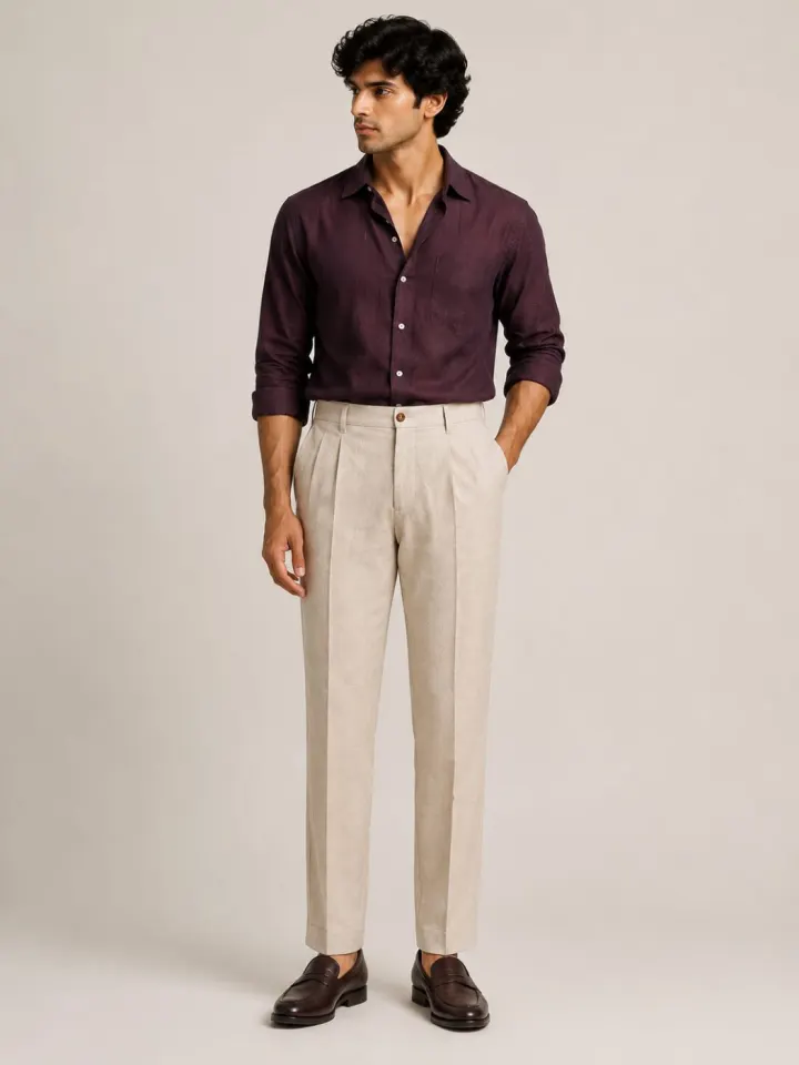 Bemount Arden Stone Pleated Linen Trouser, front view in Stone