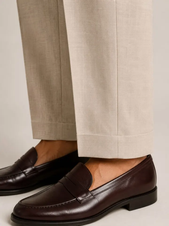 Bemount Arden Stone Pleated Linen Trouser, hem view in Stone