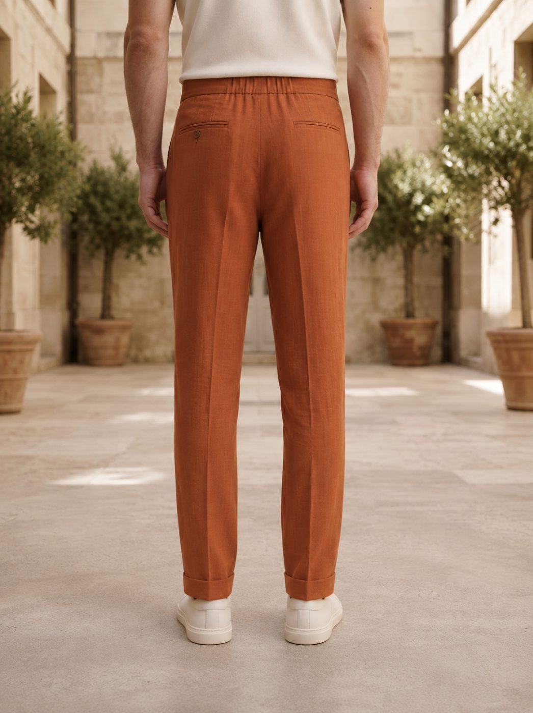 Capri Resort Wrap-Waist Trouser, Burnt Rust, back view in Burnt Rust