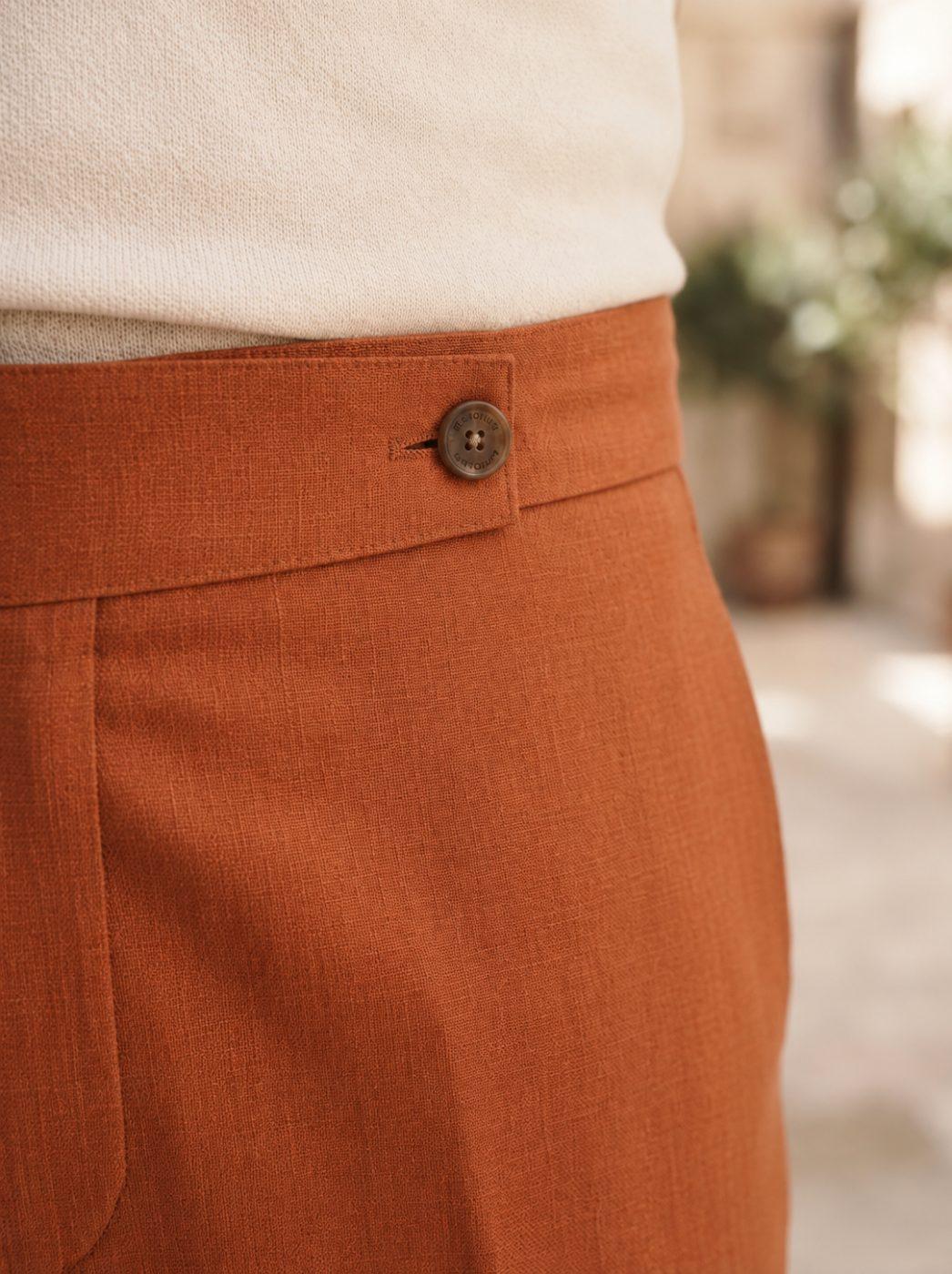 Capri Resort Wrap-Waist Trouser, Burnt Rust, waist view in Burnt Rust