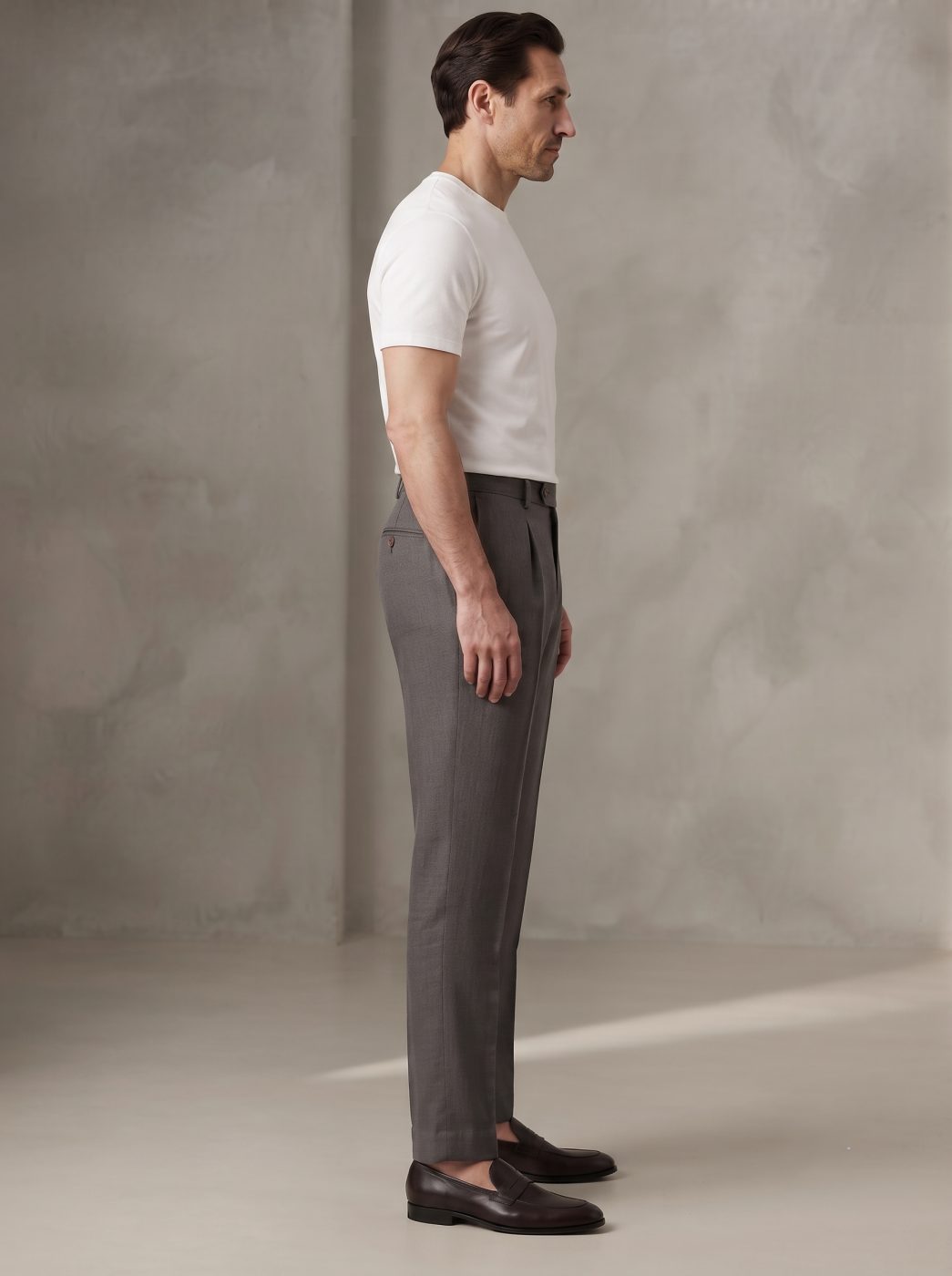 Charcoal Pleated Linen Trouser, side view in Charcoal
