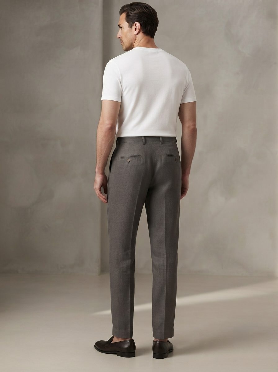Charcoal Pleated Linen Trouser, back view in Charcoal