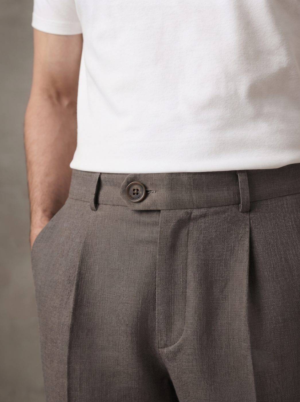 Charcoal Pleated Linen Trouser, waist view in Charcoal