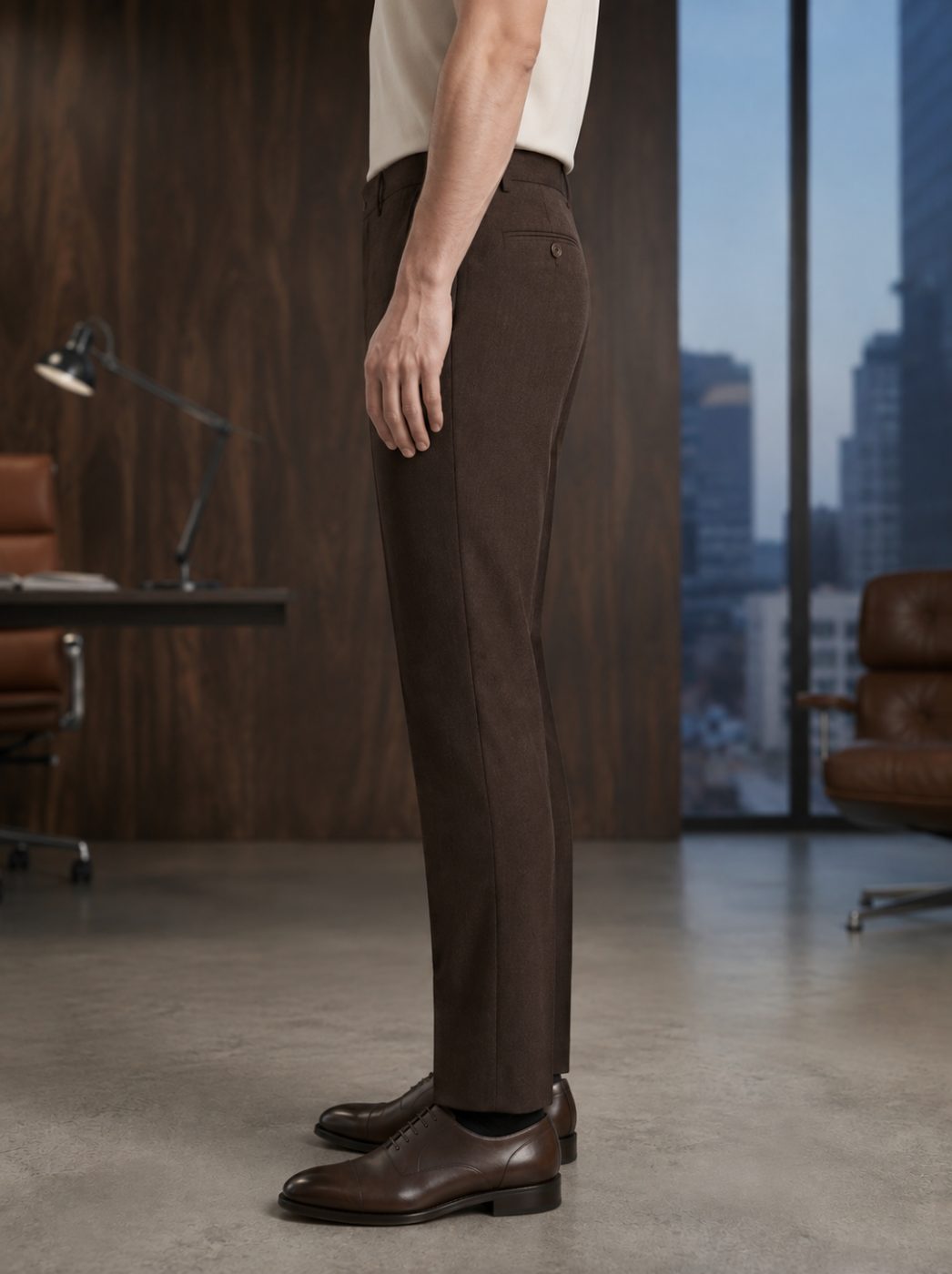 Dark Espresso Linen Trouser, side view in Dark Espresso