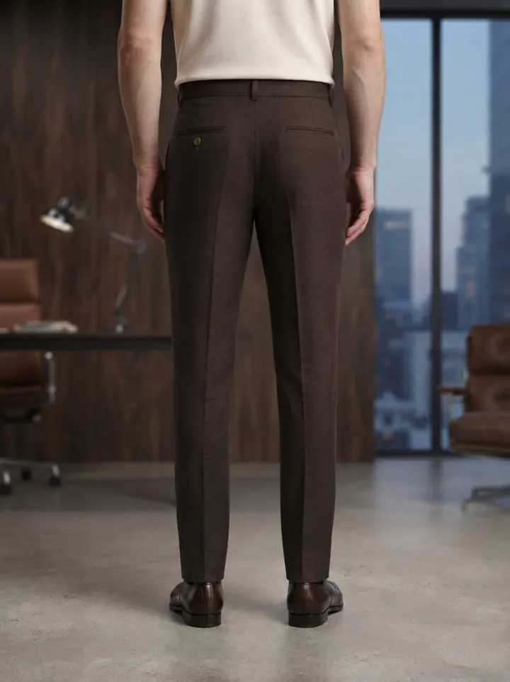 Bemount Dark Espresso Linen Trouser, back view in Dark Espresso