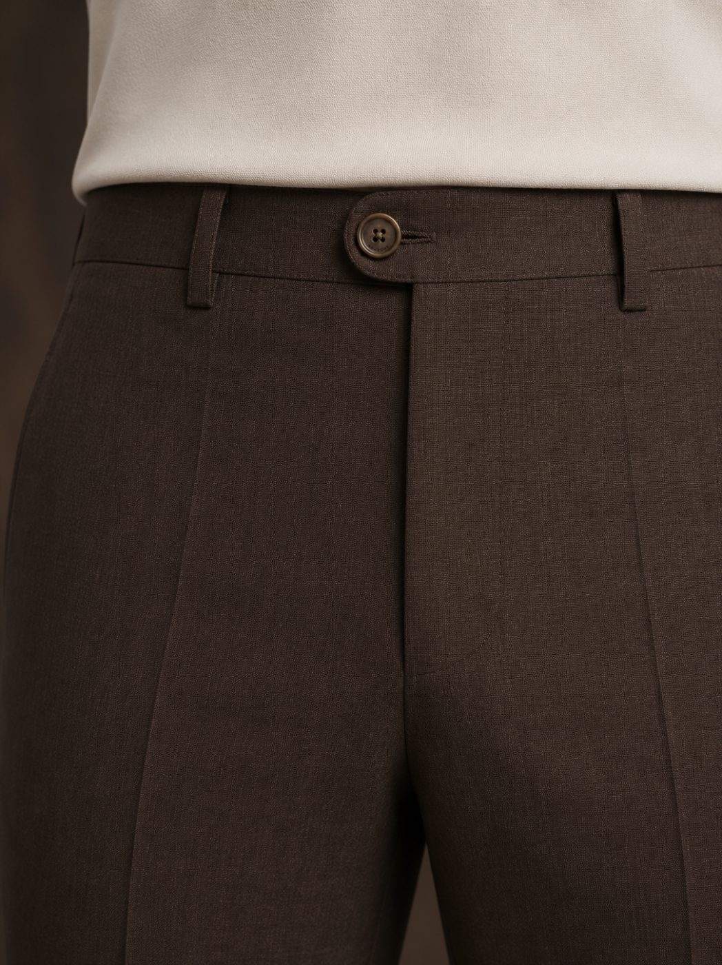 Dark Espresso Linen Trouser, waist view in Dark Espresso