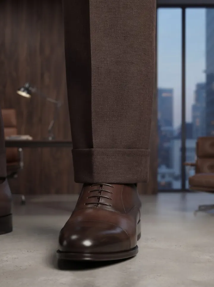 Bemount Dark Espresso Linen Trouser, hem view in Dark Espresso