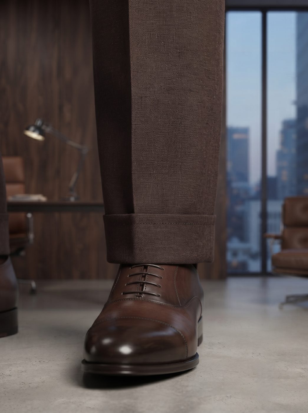 Dark Espresso Linen Trouser, hem view in Dark Espresso