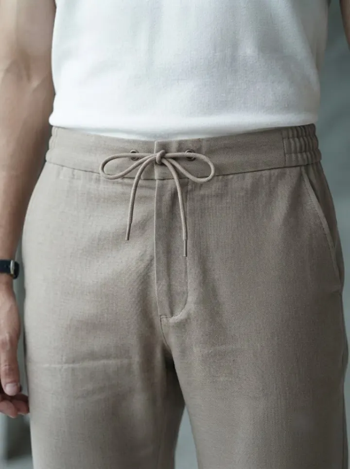 Bemount Desert Sand Linen Drawstring Pant, waistview