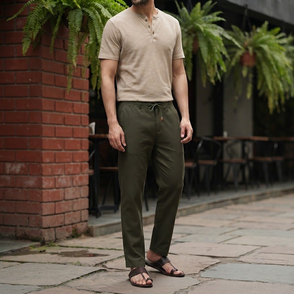 Olive Drab Linen Drawstring Pant, front view