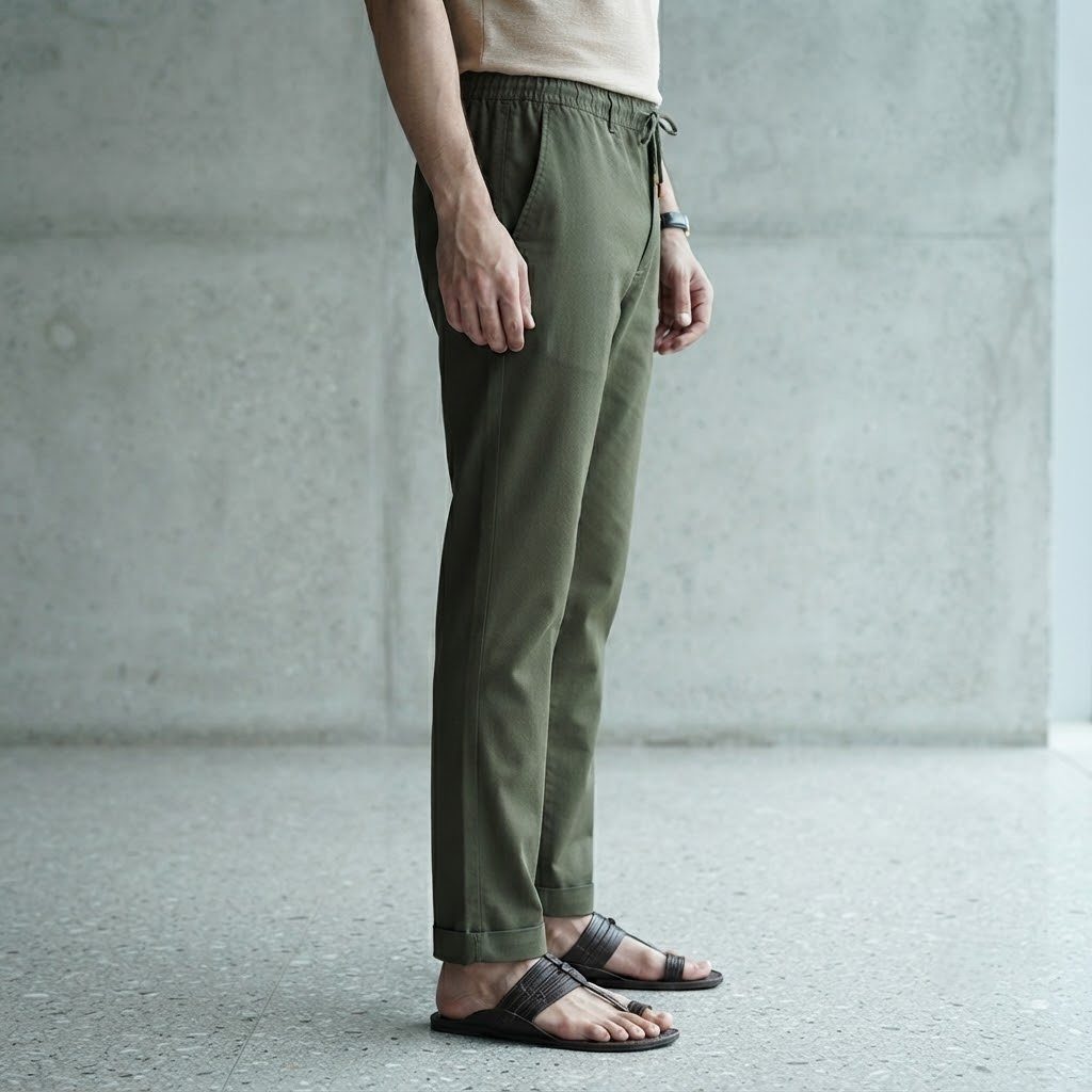 Olive Drab Linen Drawstring Pant, side view