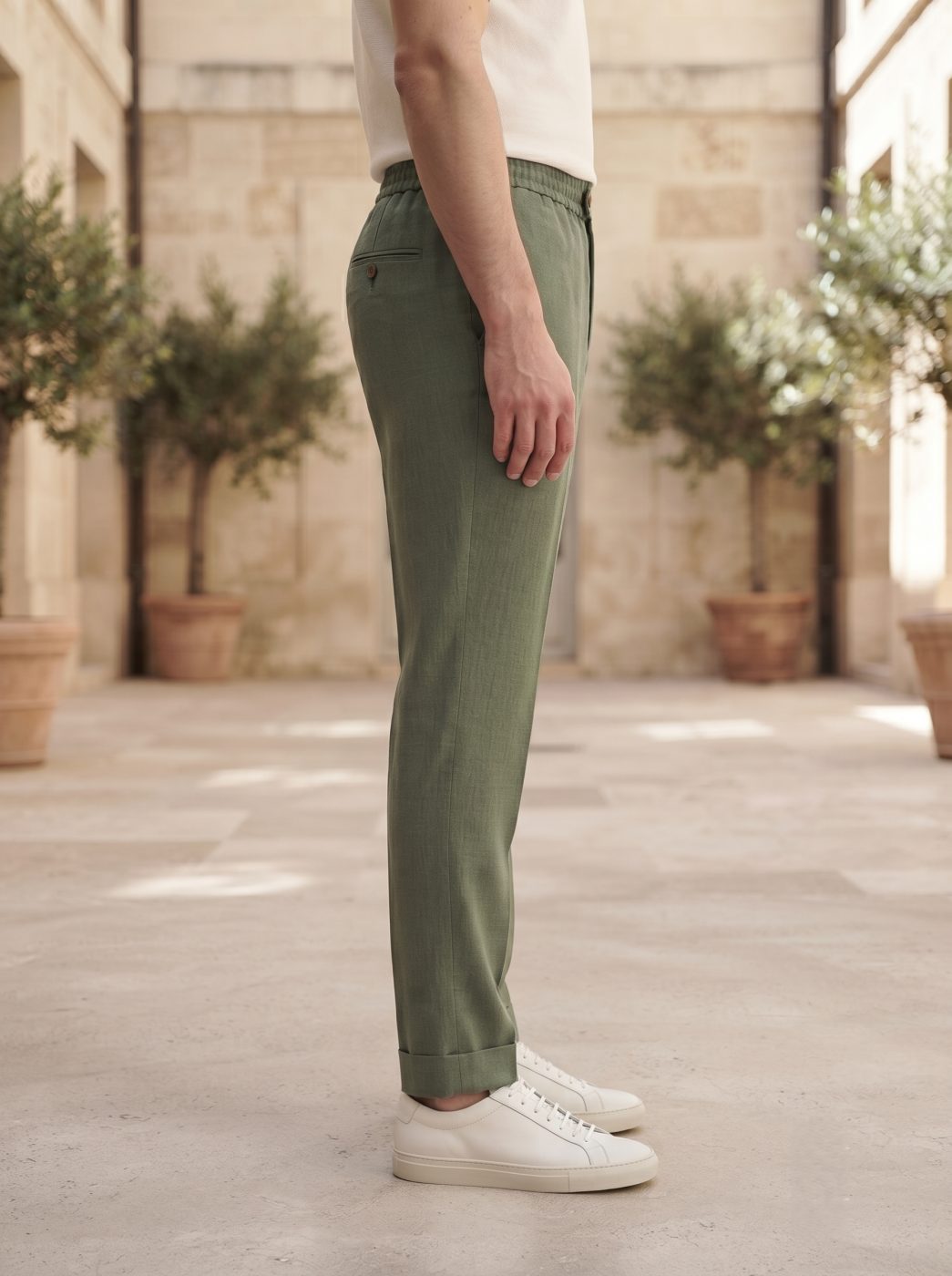 Positano Cuffed Track-Linen Trouser, Olive, side view in Olive