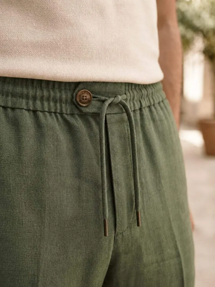 Positano Cuffed Track-Linen Trouser, Olive, waist view in Olive