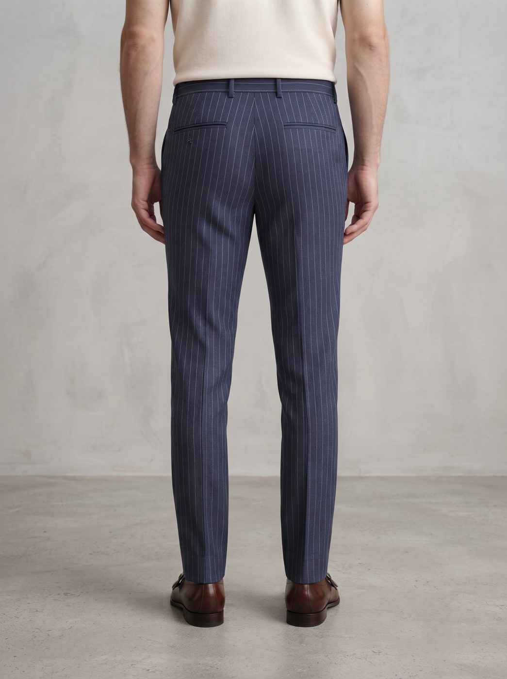Positano Pinstripe Linen Trouser, Navy, back view in Navy Pinstripe