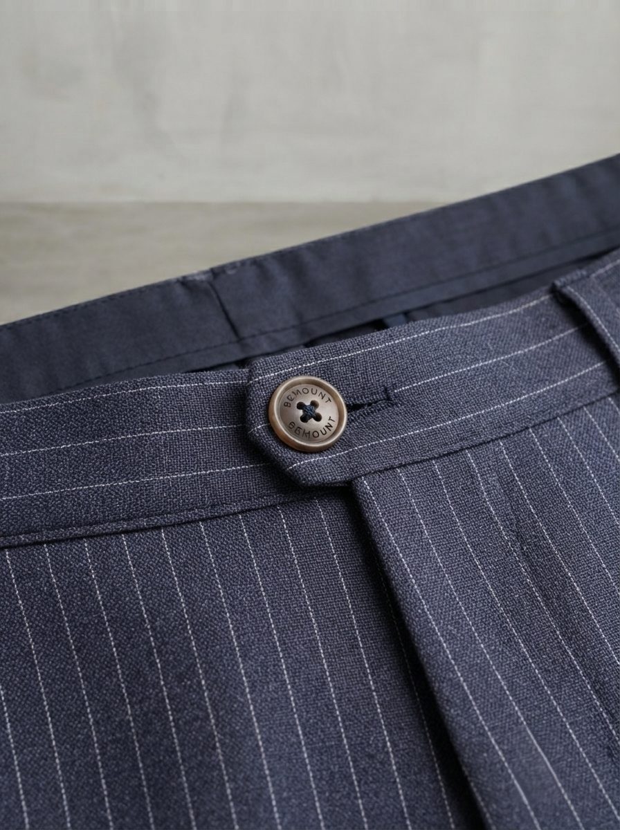 Positano Pinstripe Linen Trouser, Navy, waiste view in Navy Pinstripe