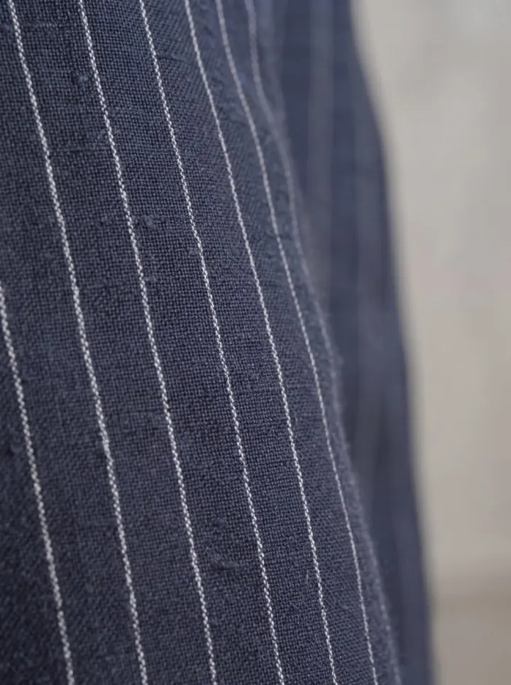 Bemount Positano Pinstripe Linen Trouser, Navy, texture view in Navy Pinstripe