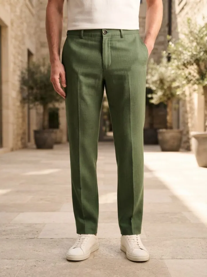 Bemount Riviera Linen Trouser, Olive, front view in Olive