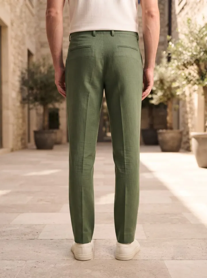 Bemount Riviera Linen Trouser, Olive, back view in Olive