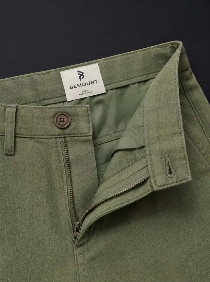 Bemount Riviera Linen Trouser, Olive, waist view in Olive