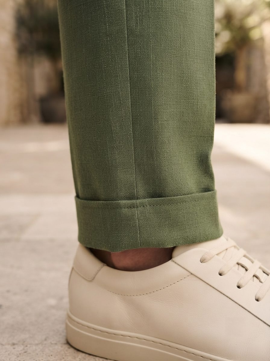 Riviera Linen Trouser, Olive, lower view in Olive