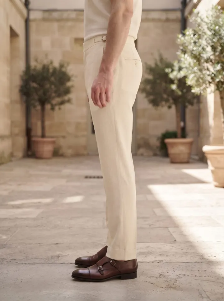 Riviera Side-Buckle Tailored Trouser, Cream, side view in Cream