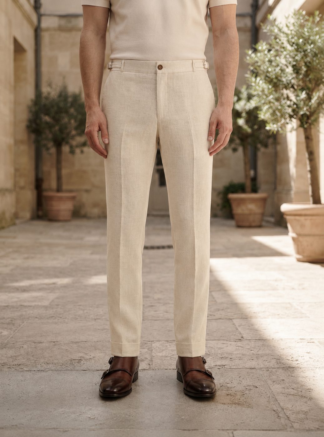 Riviera Side-Buckle Tailored Trouser, Cream, full view in Cream