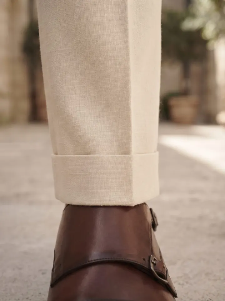 Riviera Side-Buckle Tailored Trouser, Cream, hem view in Cream
