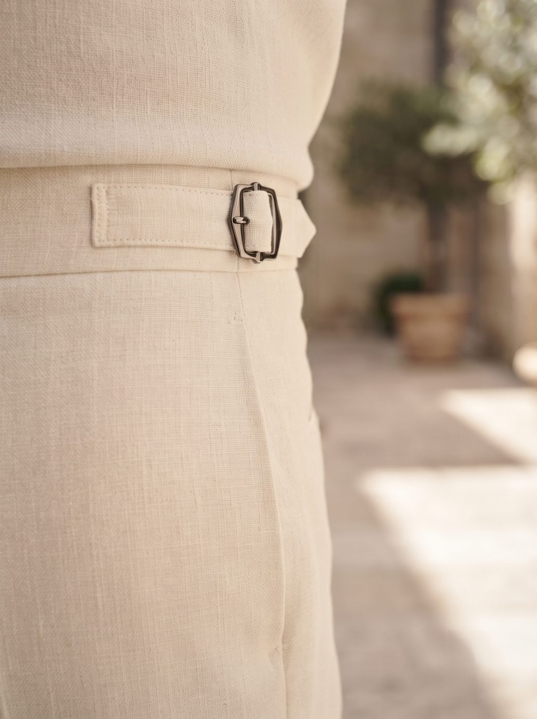 Riviera Side-Buckle Tailored Trouser, Cream, closeup view in Cream