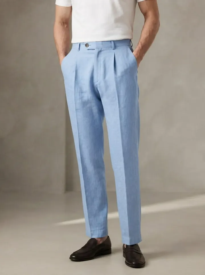 Bemount Sky Blue Pleated Linen Trouser, front view in Sky Blue