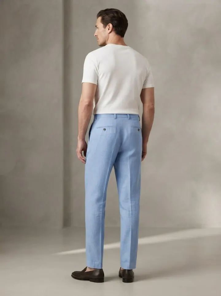 Bemount Sky Blue Pleated Linen Trouser, back view in Sky Blue