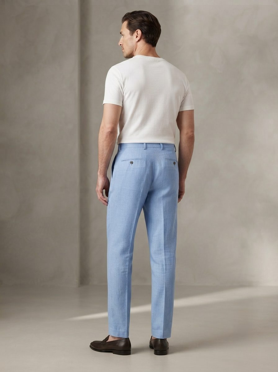 Sky Blue Pleated Linen Trouser, back view in Sky Blue
