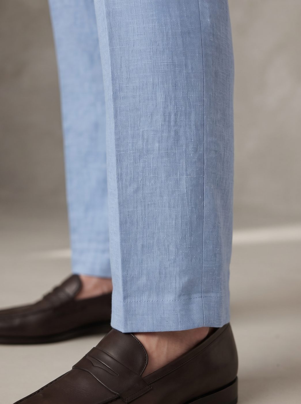 Sky Blue Pleated Linen Trouser, hem view in Sky Blue