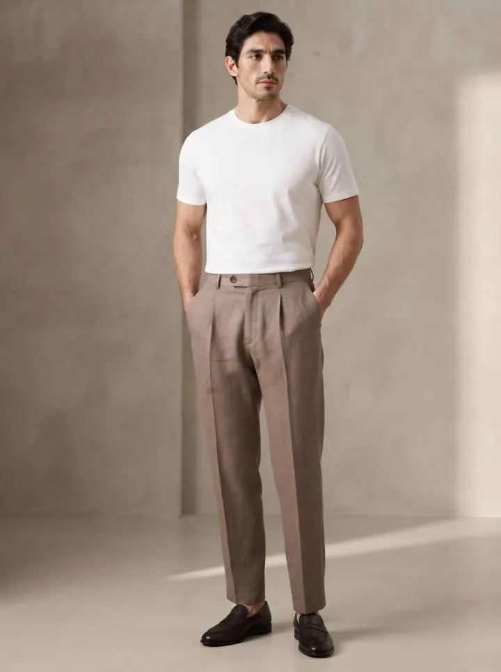 Bemount Taupe Pleated Linen Trouser, front view in Taupe
