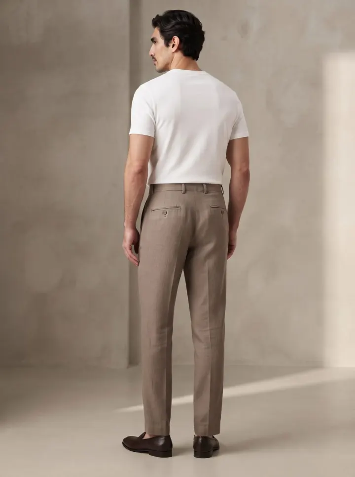 Bemount Taupe Pleated Linen Trouser, back view in Taupe