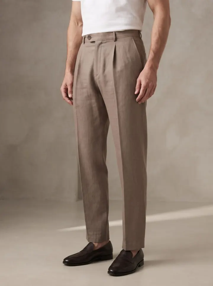 Bemount Taupe Pleated Linen Trouser, waist view in Taupe