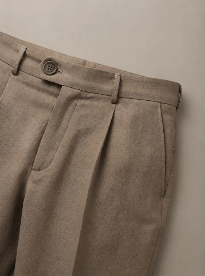 Bemount Taupe Pleated Linen Trouser, closeup view in Taupe