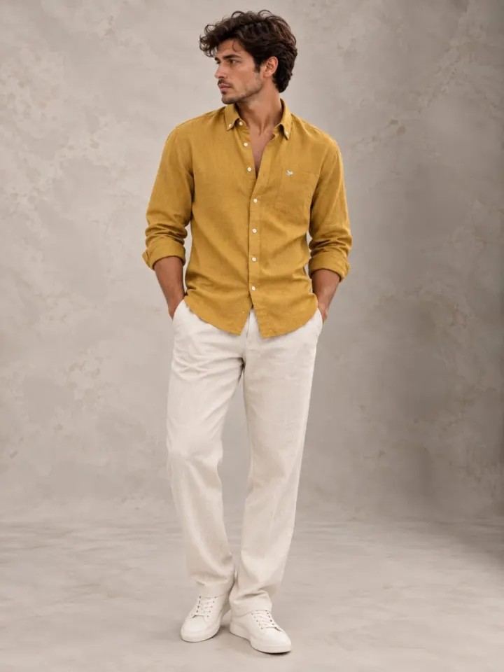 Bemount Bemount Antique Mustard French Linen Shirt in Antique Mustard, front view