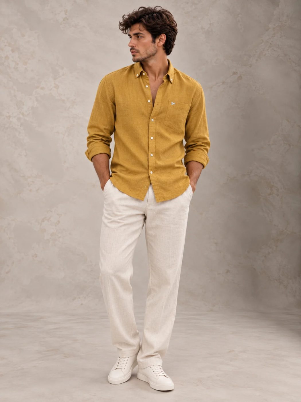 Bemount Antique Mustard French Linen Shirt in Antique Mustard, front view