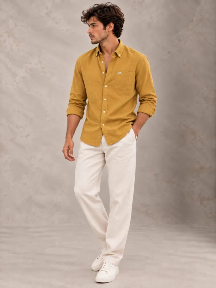 Bemount Bemount Antique Mustard French Linen Shirt in Antique Mustard, three-quarter view
