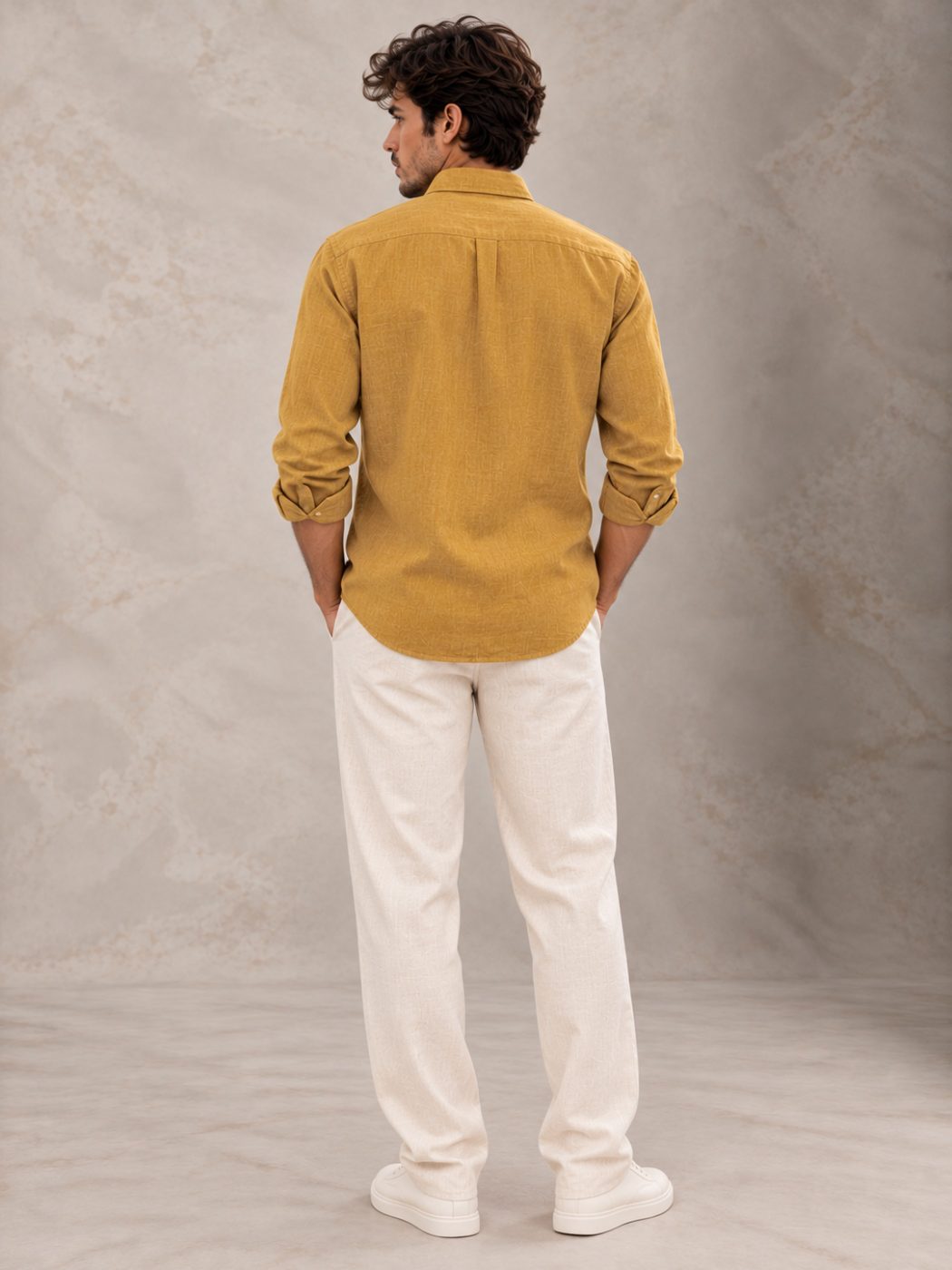 Bemount Antique Mustard French Linen Shirt in Antique Mustard, back view