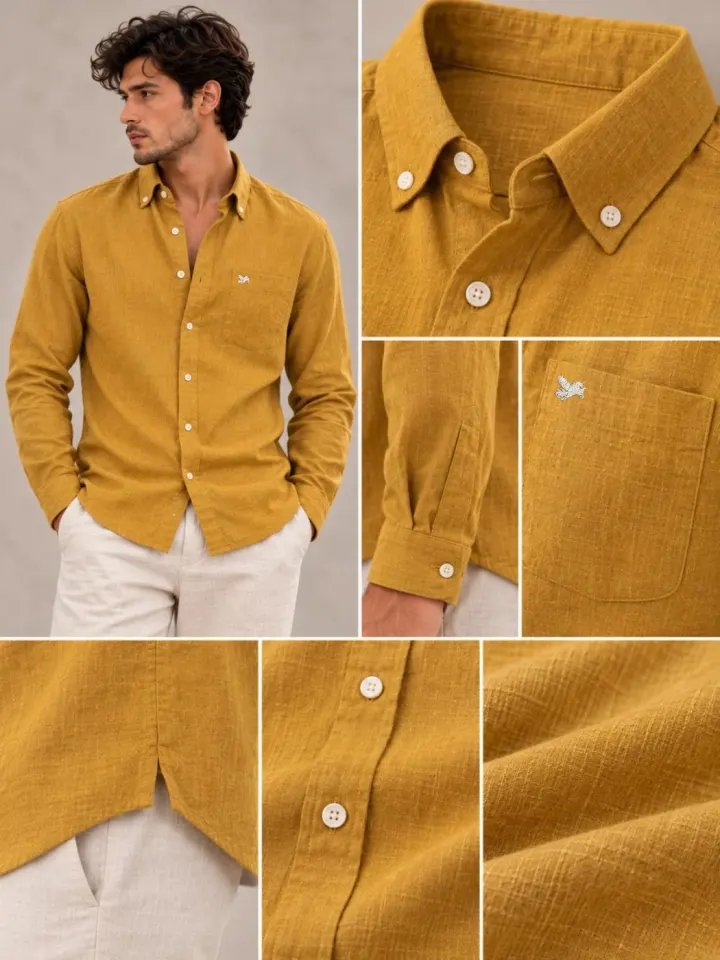 Bemount Bemount Antique Mustard French Linen Shirt in Antique Mustard, collar, cuff, hem and fabric details